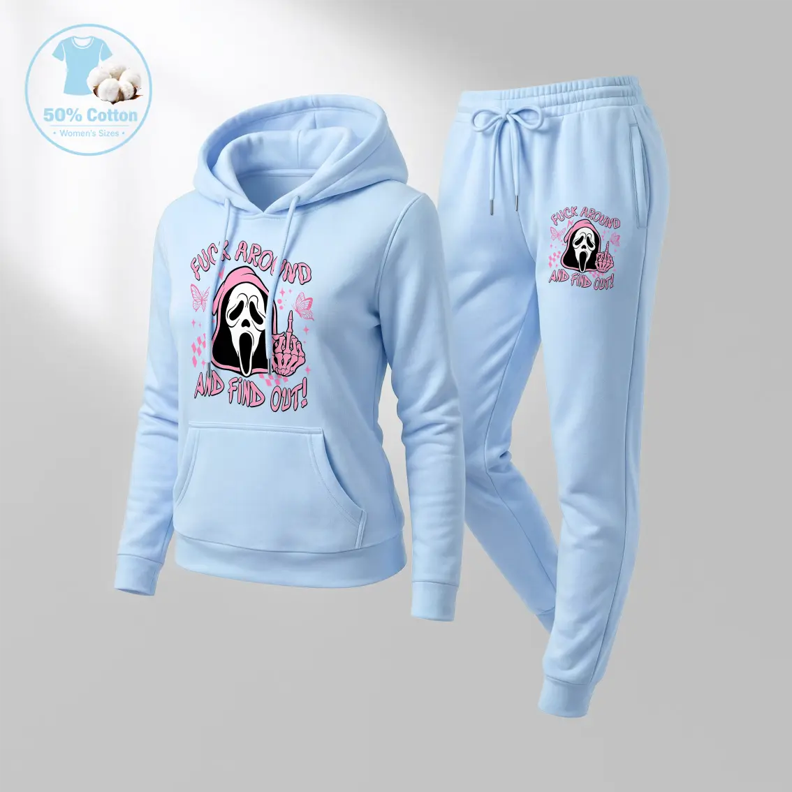 Women’s “Fuck Around And Find Out” Ghost Face Graphic 2-Piece Hoodie Set, Skeleton Hand Print Pullover Sweatshirt With Matching Jogger Pants, Relaxed Fit Streetwear Tracksuit For Fall Winter, Daily Wear, Travel And Weekend Fashion