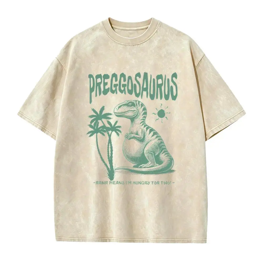 Summer Pregnancy T-Shirt - 'Preggosaurus' Funny Maternity Graphic Vintage Washed Heavyweight Cotton Oversized Tee