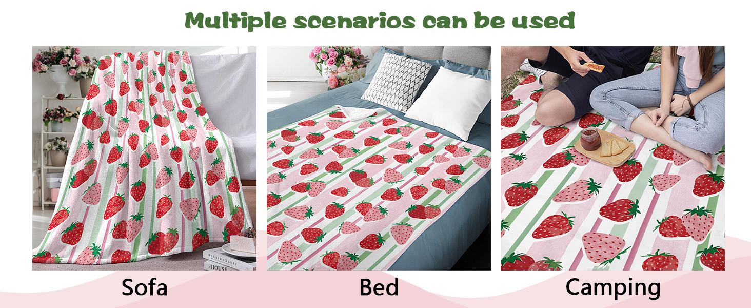 Pink Strawberry Flannel Throw Blanket, Fruit Red Green Stripes Birthday Gifts for Kids Girls Women Adults Teen, Spring Summer Soft Blankets for Bedding Sofa 50" x 60"
