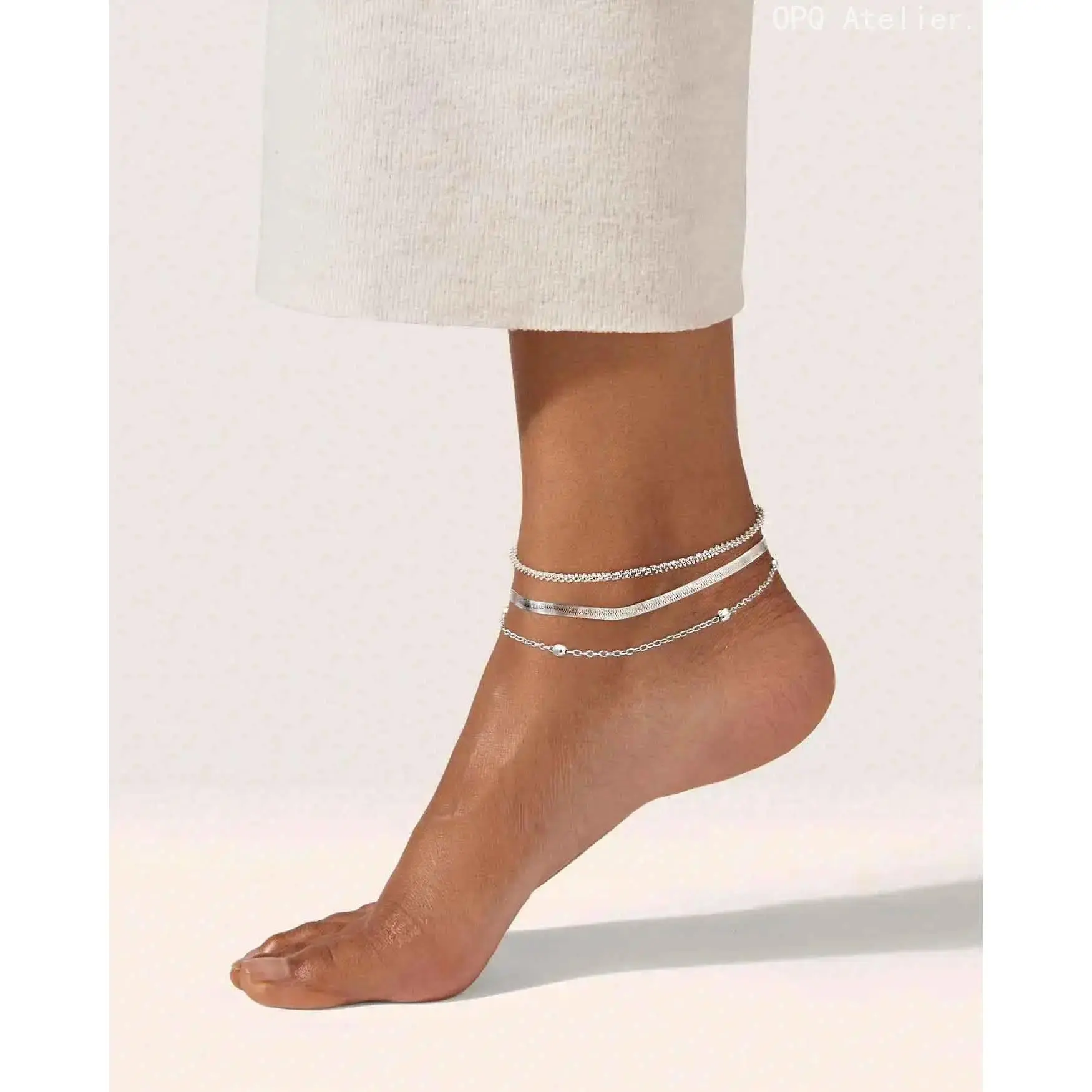 Layered Silver Ankle Bracelet Set with Beads, Dainty Herringbone Rope Chain, Adjustable Waterproof Accessories for Women, Anklets For Women, Layered Chains, Everyday Wear, Adjustable Fit, Elegant, Herringbone Beads