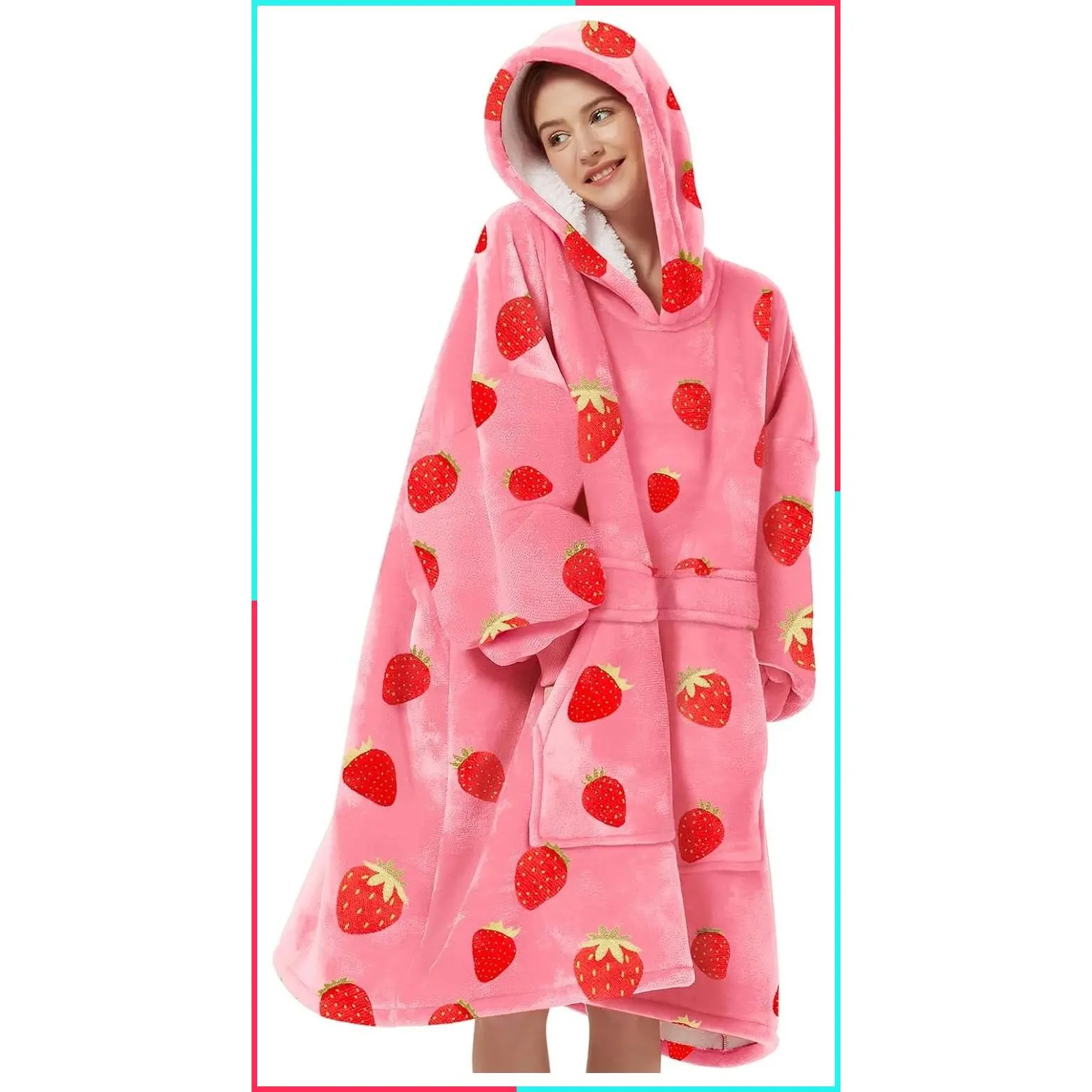 Wearable Blanket Hoodie for Adults with Pocket Strawberry Hoodie