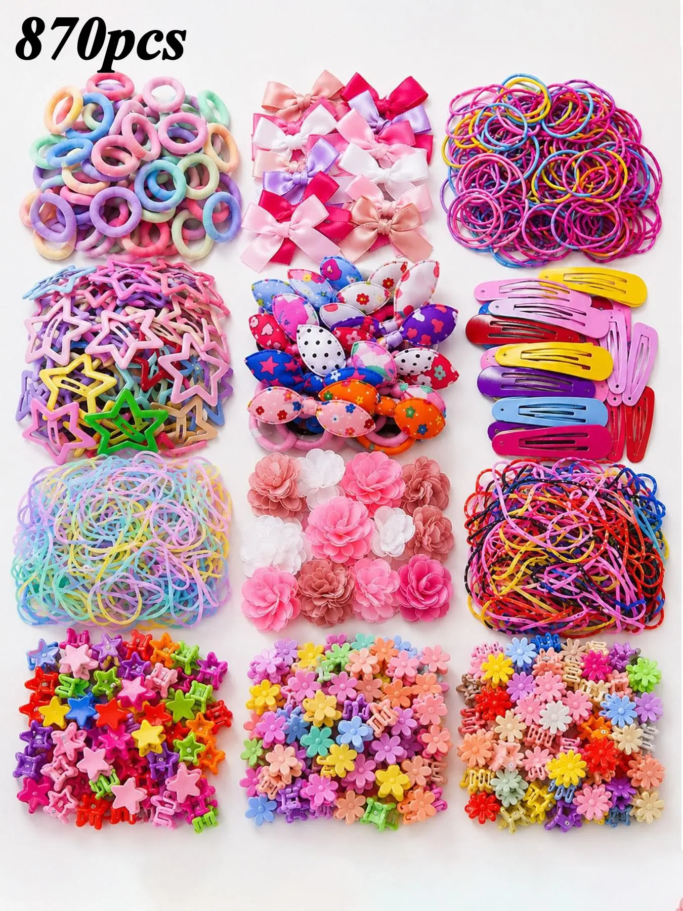 870pcs Girls Hair Accessories, Bows, Flowers, Stars Hair Clips, Ties & Barrettes, Fun Cute Princess Style, Daily Wear & Birthday Gifts