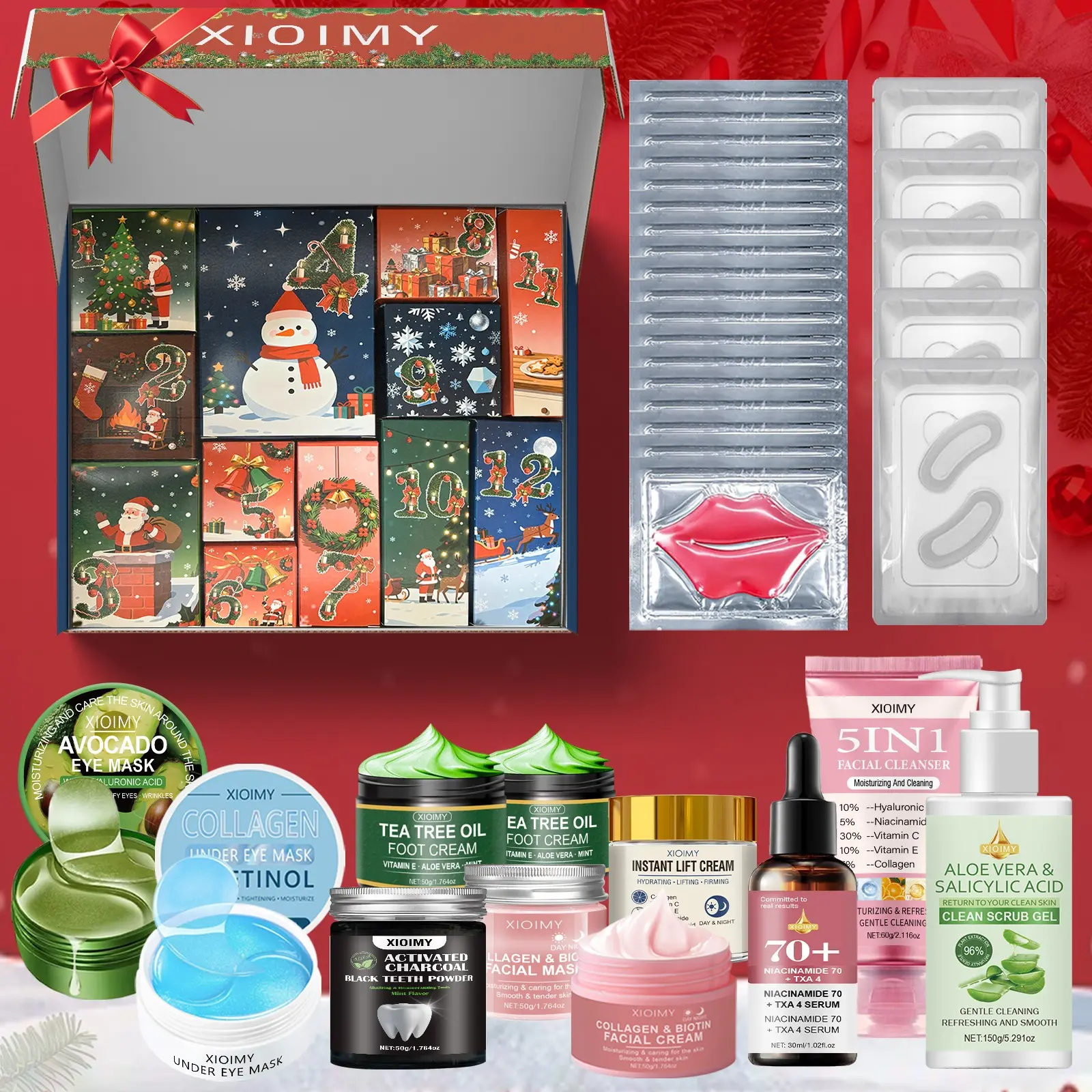 Christmas Surprise Skincare Set Gift Box, Includes Eye Masks, Lip Mask, Micro Needle Patches, Collagen Mask, Tea Tree Foot Cream, Face Creams, Cleanser, Serum, Exfoliator