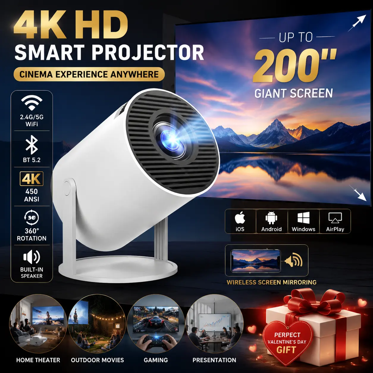 Portable 4K Smart Projector, 2.4G/5G WiFi & Bluetooth 5.2 Home Theater Projector, 360 °   Rotation Portable Mini Projector, 200" Screen Support, Built-in Speaker, HD Video Projector for Movies, Gaming & Outdoor Use, Perfect Valentine’s Day Gift
