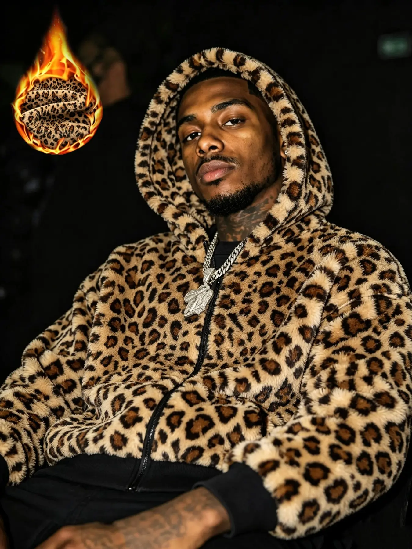 Trendy Men's Y2K Retro Streetwear Casual Fashion Outerwear Zipper Fleece Hooded Jacket, Leopard Print Thick Fleece Full-Zip Cardigan, Loose Fit with Kangaroo Pocket