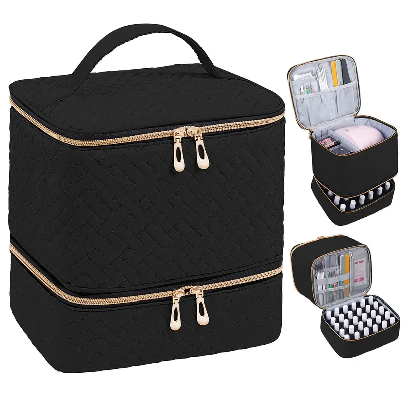 Double Quilted Nail Polish Storage Bag, Portable Nail Polish Nail Kit Supplies Organizer, Gel Nail Polish Carrying Case, Makeup Bags, Holds 30 Bottles of Nail Polish, Cosmetics Bag