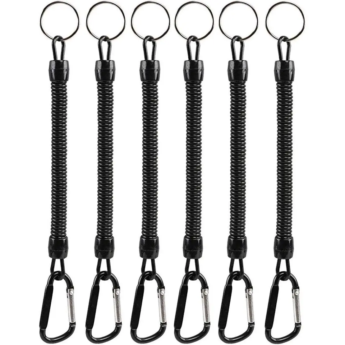 Pack of 6 Black Coiled Fishing Lanyard with Carabiner Fishing Ropes Secure Pliers Lip Grips Tackle Fish Tools