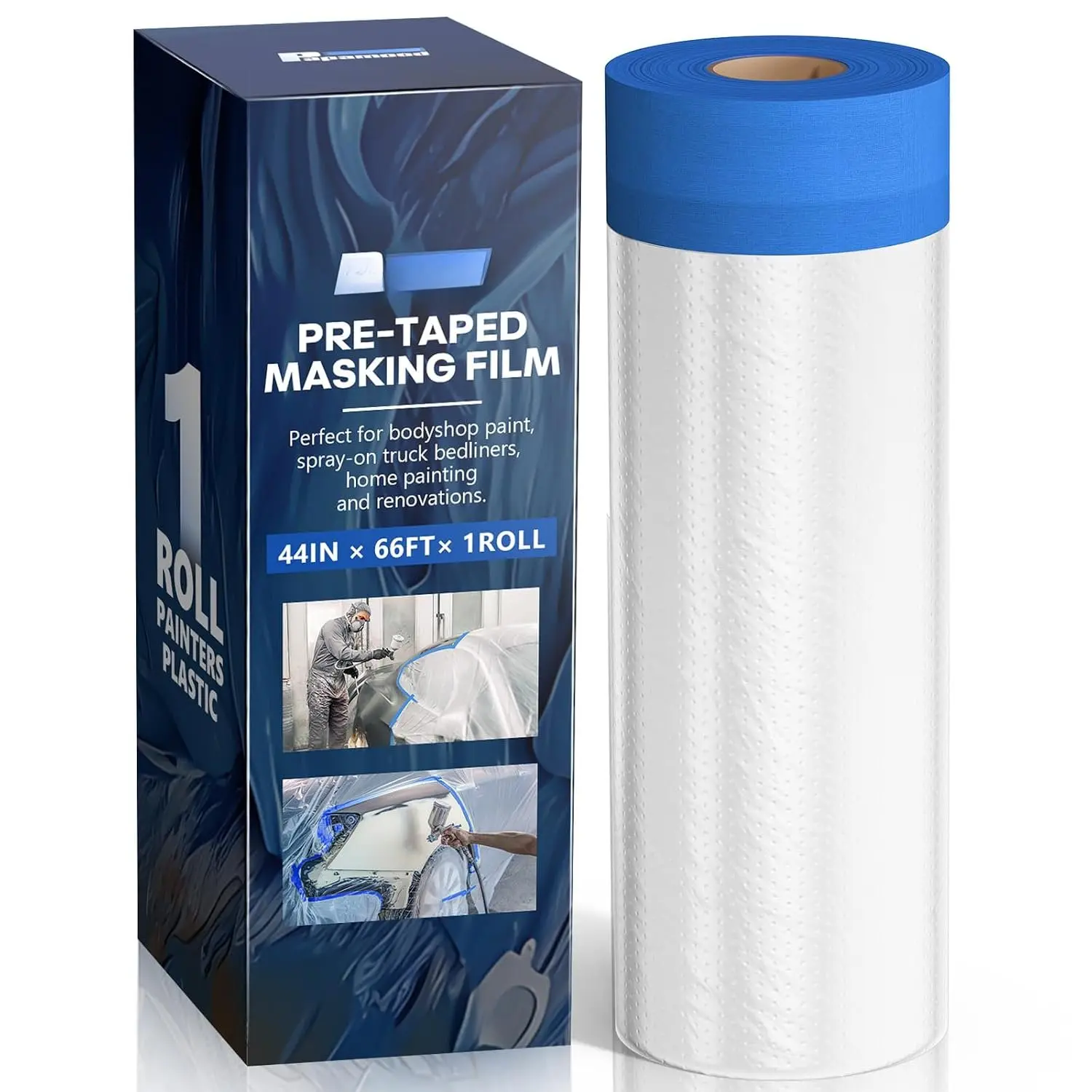 Synthetic Pre-taped Automotive Masking Film Roll Pack for Painting - 44x66' (1 Roll), Painters Plastic Sheeting with Tape & Drape, Floor Masking Supplies for Surface Spraying, Protects Surfaces