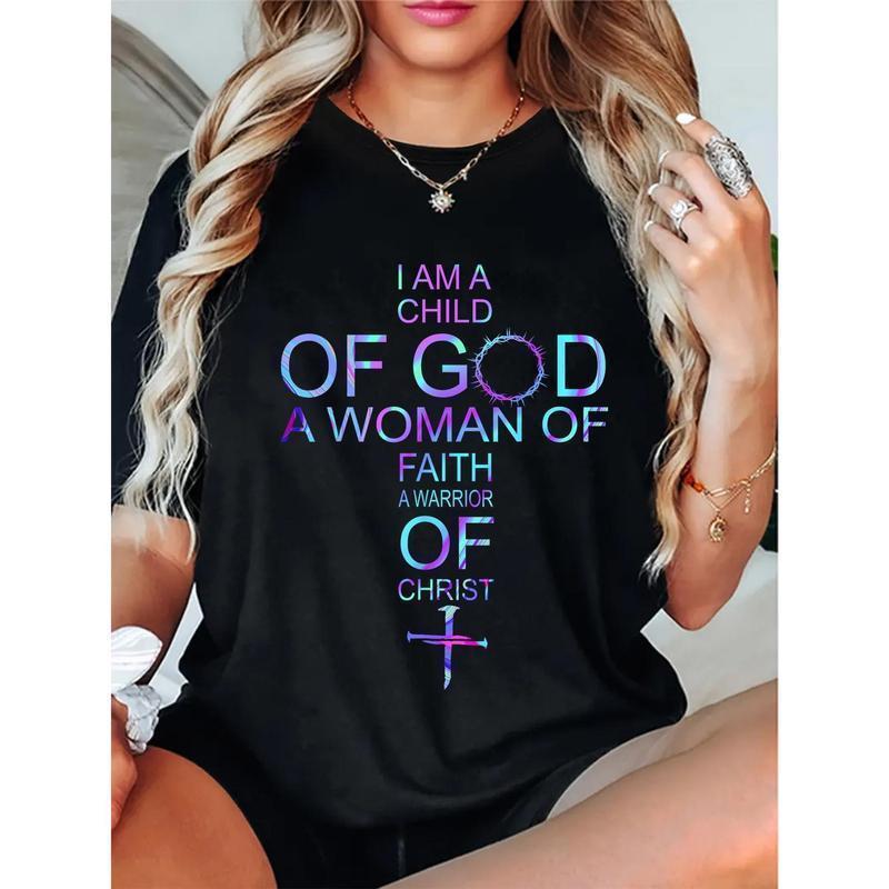180g 100%25 Women's Christian Faith T-Shirt - "I Am a of God, A Woman of Faith, A Warrior of Christ" Inspirational Short Sleeve Round Neck Casual Tee with Geometric Print, Machine Washable 052