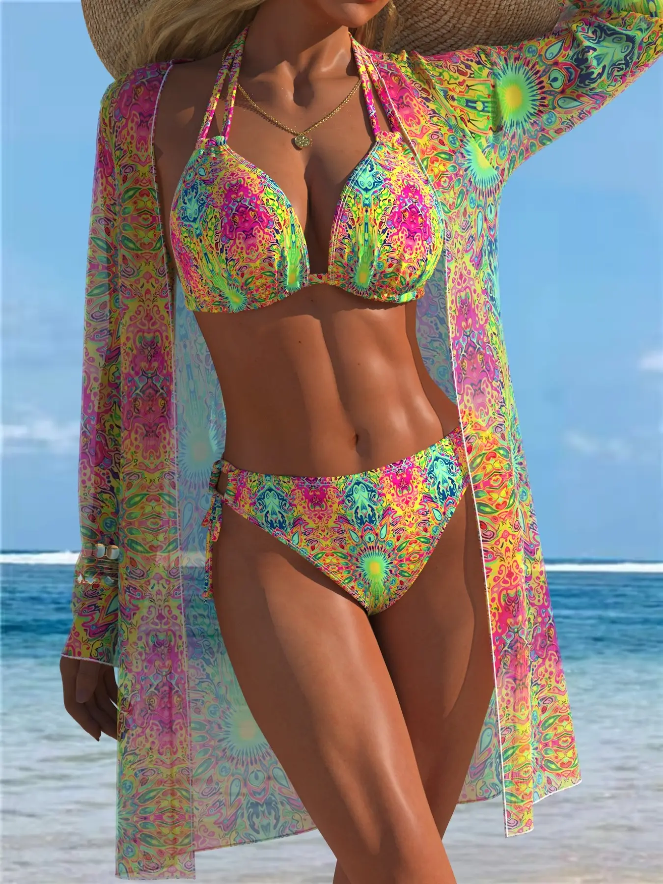 New European and American Women's Sexy Fashion Three-Piece Set, Sun Protection, Long Sleeve Mesh Print, Classic Split Triangle Bikini, Beach Poolwear, Bikini Swimwear Set