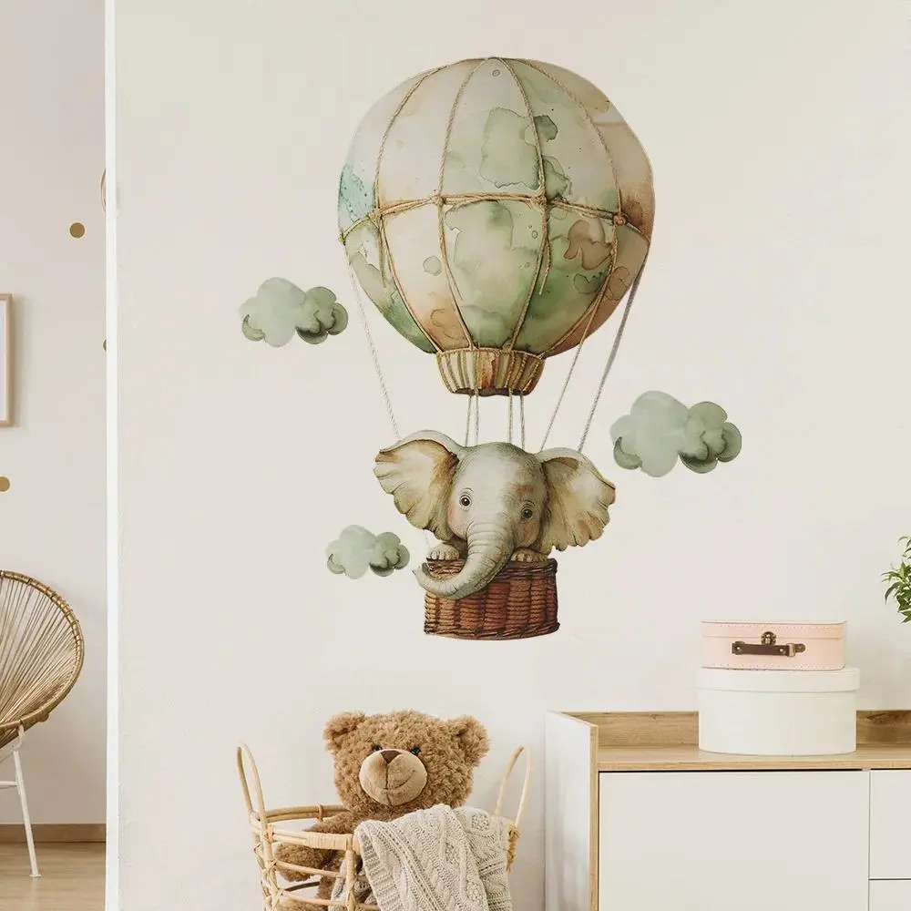 1pcs Decorative Cartoon Animal Spring Elephant Hot Air Balloon Self-Adhesive Wall Sticker, Playful Patchwork Kids’ Rooms Children’s Decor Home Accessory