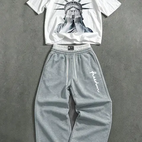 Men's & Women's American Style Statue of Liberty Print Two-Piece Set, Top Short-Sleeve Tee & Wide-Leg Sweatpants with Double-Layer Waistband and Drawstring, Casual Streetwear Outfit