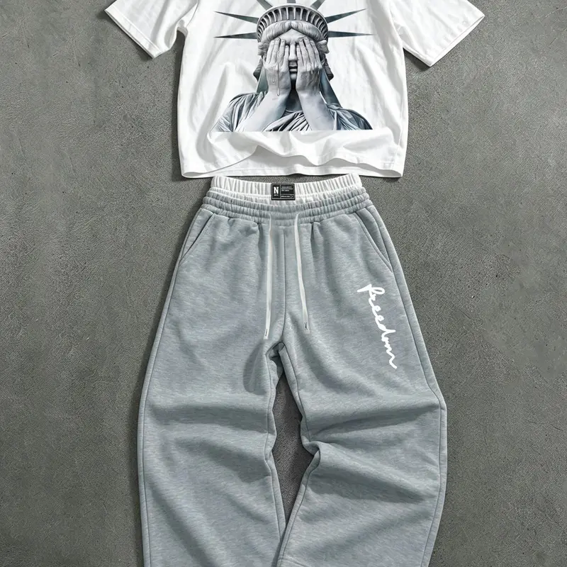 Men's & Women's American Style Statue of Liberty Print Two-Piece Set, Top Short-Sleeve Tee & Wide-Leg Sweatpants with Double-Layer Waistband and Drawstring, Casual Streetwear Outfit