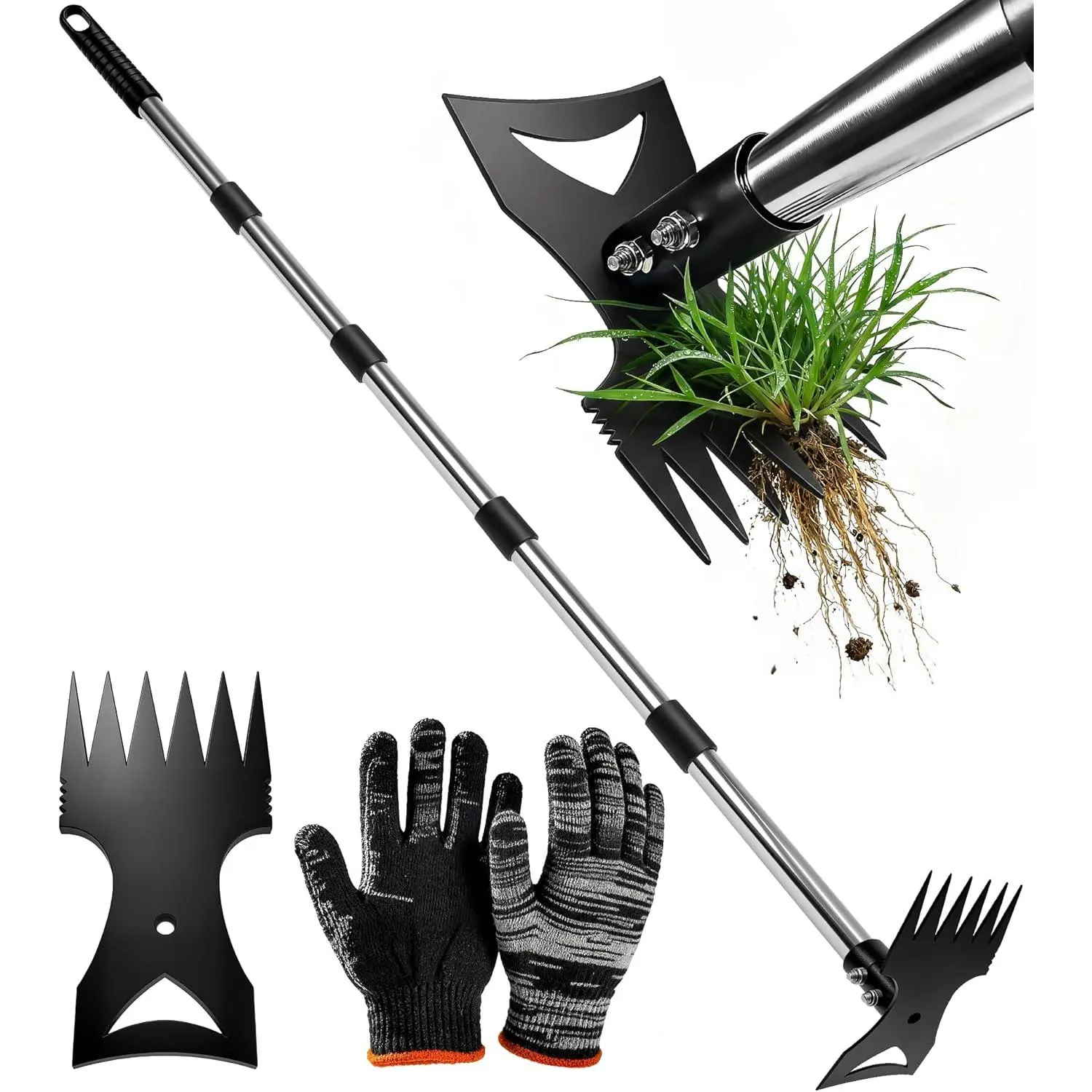 71in Weed Puller Tool with Long Handle, 2 in 1 Heavy Duty Garden Hoe and Hand Weed Rake, Adjustable Manual Weeders for Uprooting with Gloves for Gardens, Lawns, Yards