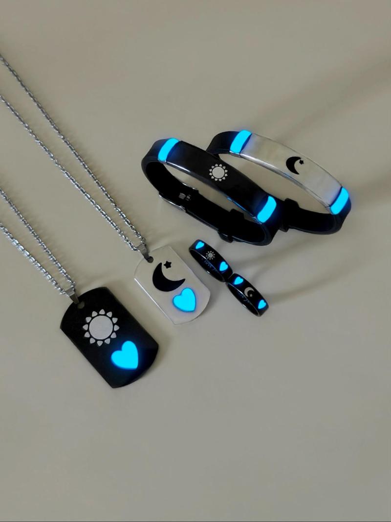 Couple Necklace & Bracelet & Ring Set, Fashion Jewelry for Party, Daily Clothing Decor, Trendy All-match & Exquisite Jewelry for Birthday Gift