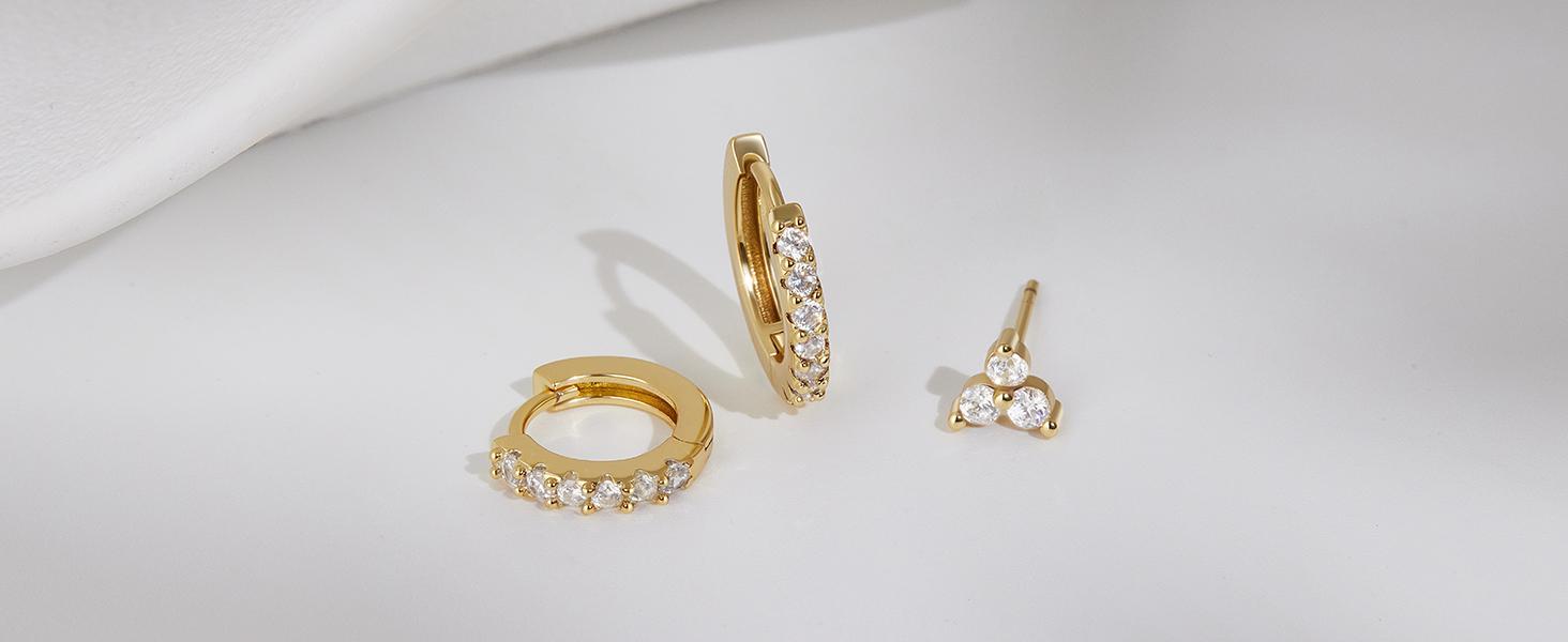 3-Pair Women's Small Hoop Earrings Set, Diamond Shamrock Stud Huggie Cartilage Earrings for Multiple Piercings, Trendy St. Patrick's Day Holiday Jewelry Gifts