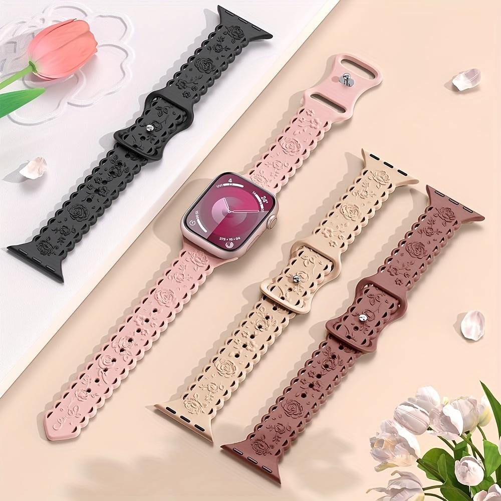 4-Pack Lace Engraved Rose Apple Watch Bands – Slim Lightweight Sport Strap 38–49mm (Series 1–10, SE, Ultra / Ultra 2), Women