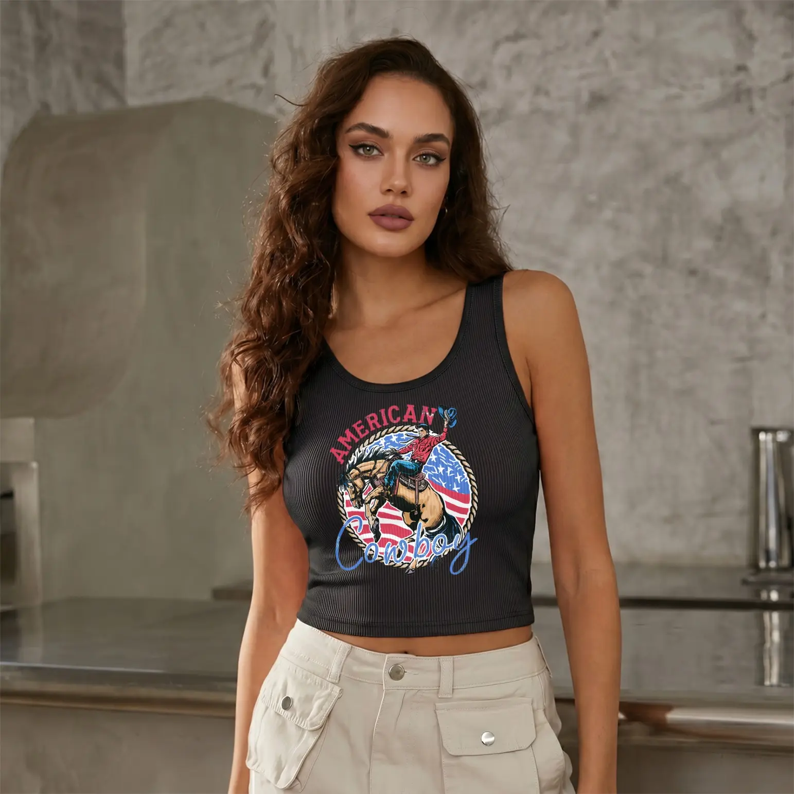 Women’s Western Rodeo Graphic Crop Tank Top, Casual Sleeveless Scoop Neck Fitted Top for Summer, Soft Stretch Rib Knit Camisole Vest, Horse Rider Country Print Going Out Top for Daily Wear and Streetwear