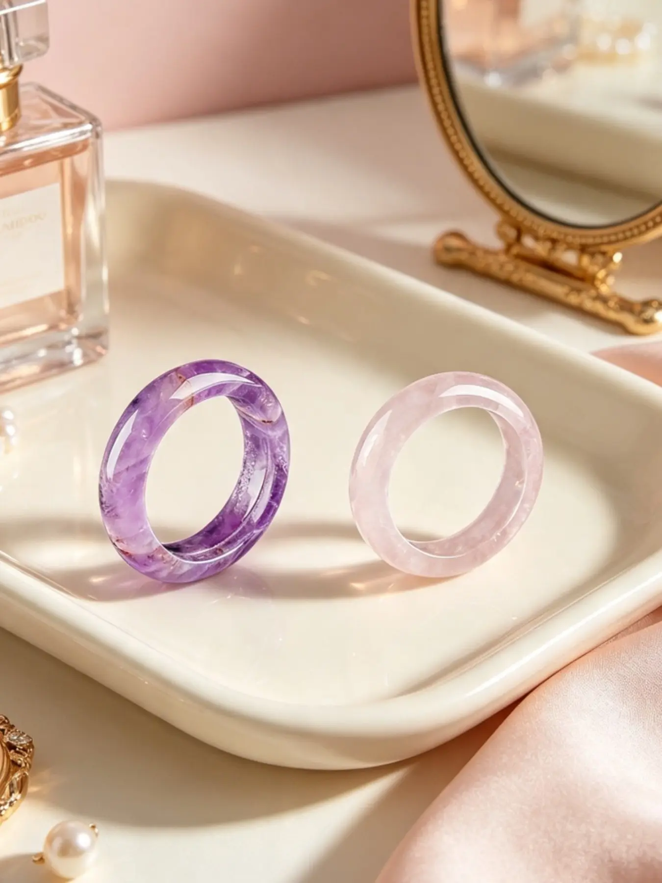 2pcs Hand-carved natural crystal elegant and simple ring, natural amethyst and rose quartz spiritual healing gemstone layered ring, exquisite Bohemian style jewelry aesthetic daily wear accessories and gifts Multi Gemstone Ring