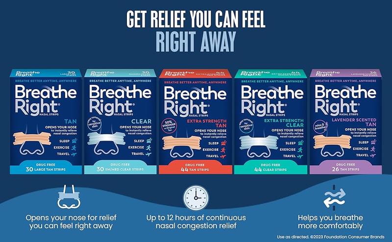 Breathe Right Nasal Strips| Extra Strength| Clear| For Sensitive Skin I Drug-Free Snoring Solution & Nasal Congestion Relief Caused by Colds & Allergies| 44 Count (Packaging May Vary)