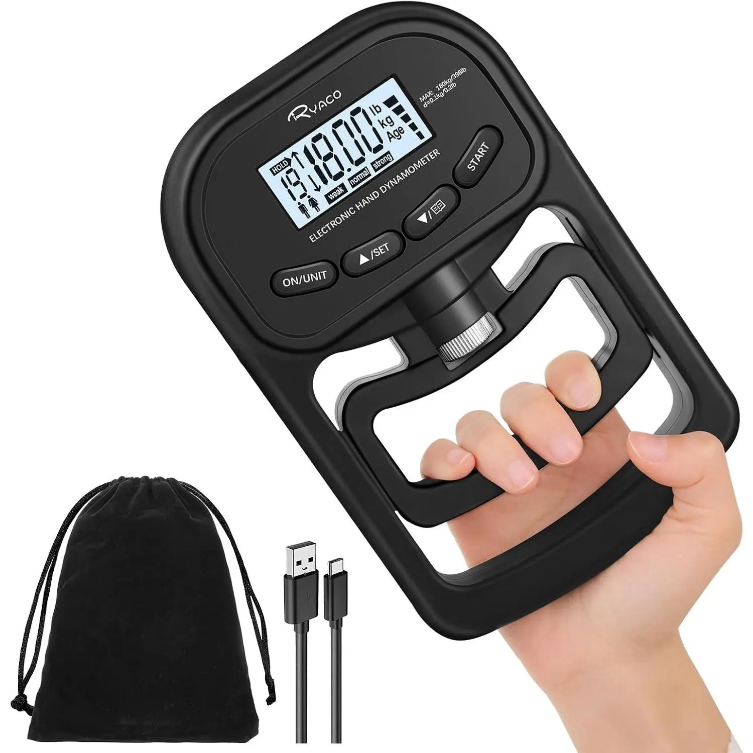 Grip Strength Tester, 396lbs/180kg Rechargeable Digital Hand Dynamometer Exerciser Meter with LCD Display for Sport Home School Use