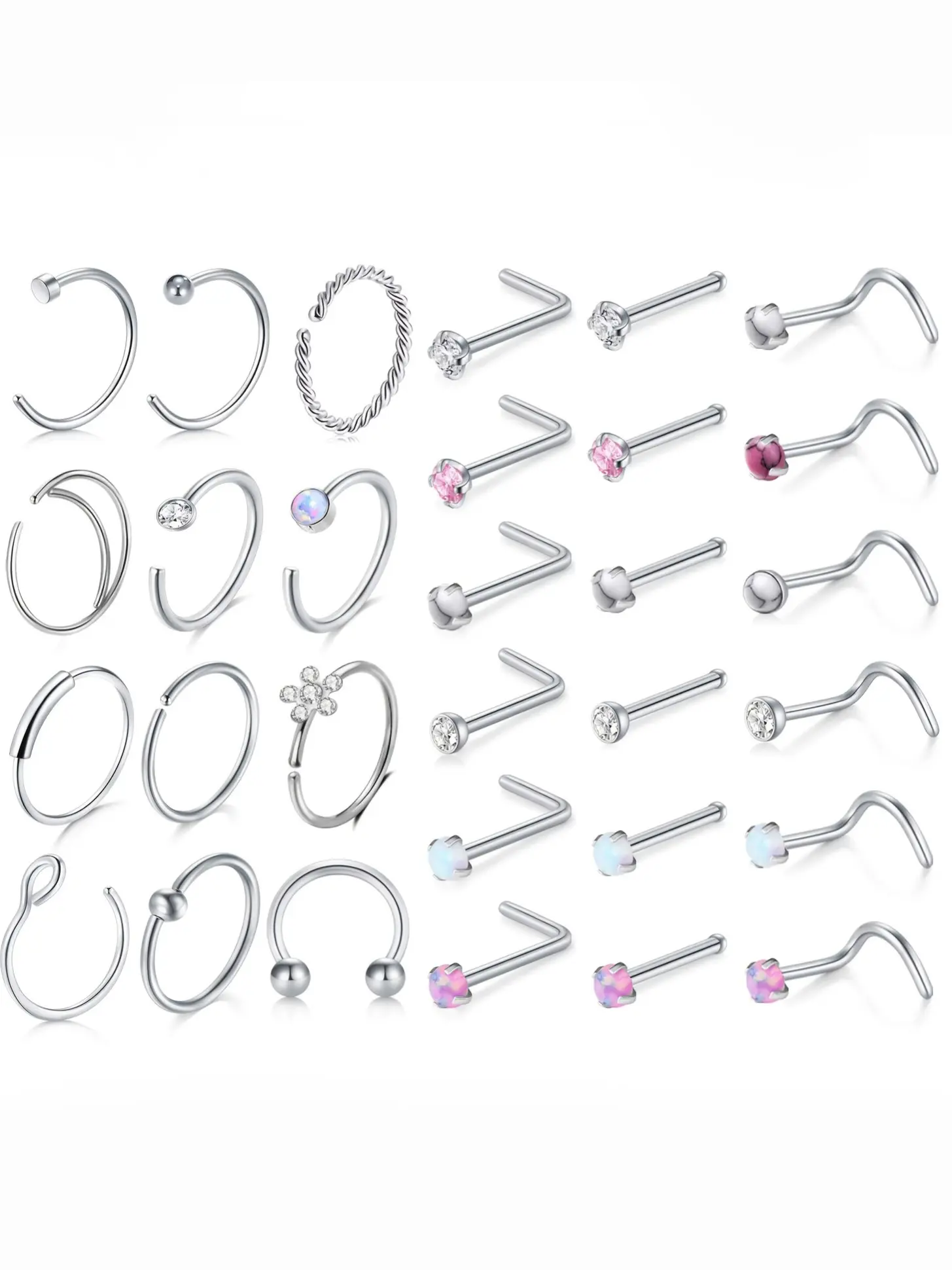 30pcs Nose Rings Nose Piercings Hoop Nose Rings for Women Stainless Steel Nose Piercing Jewelry Silver Nose Rings Hoops 20 Gauge