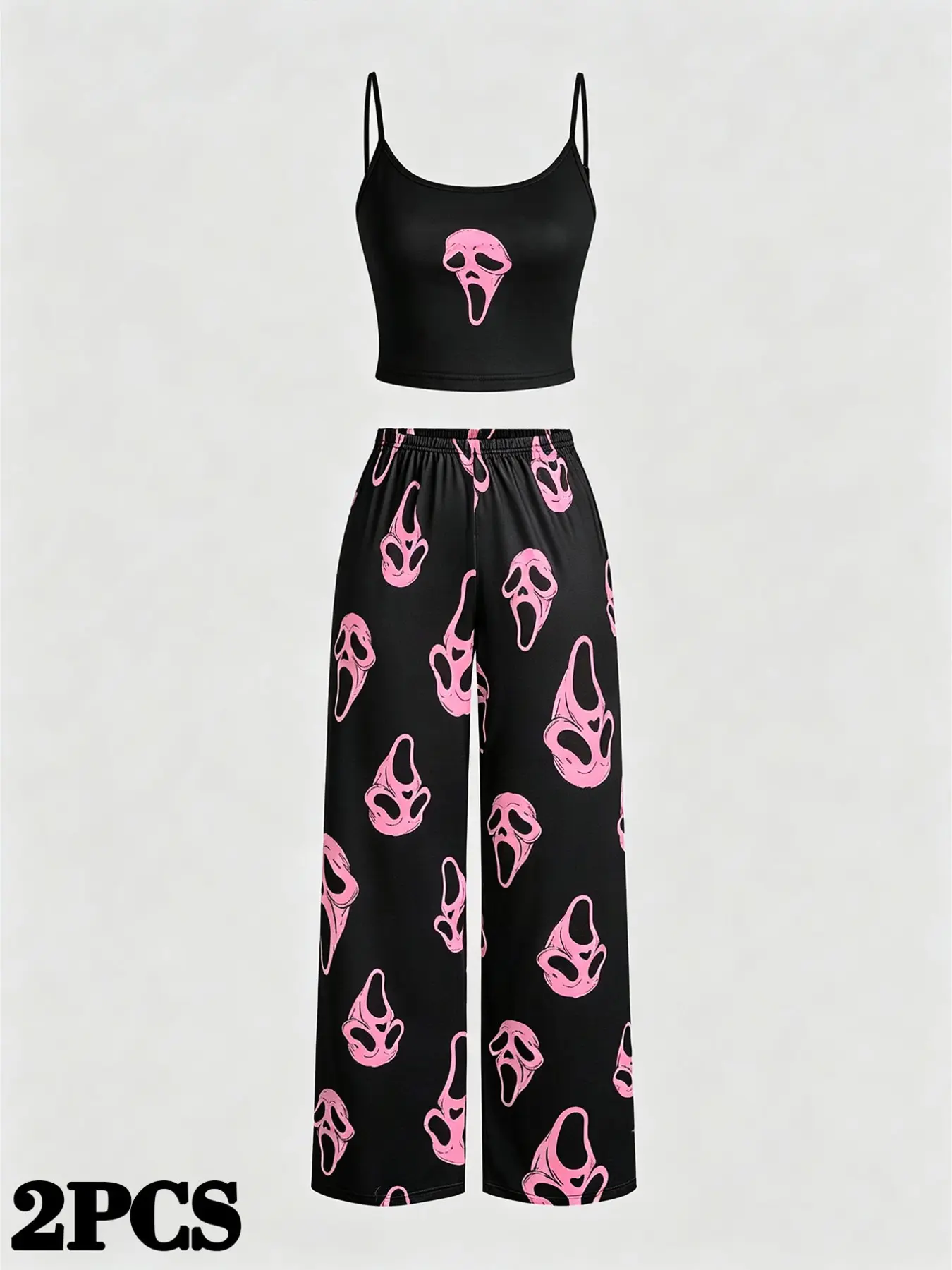 Women's Halloween Ghost Print Two-Piece Set, Short Strap Top + High-Waisted Wide Leg Pants, Soft Fabric, Casual Fall, Spaghetti Strap