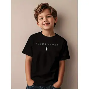 1PC 1pc Boys' Jesus Saves Cross Print T-Shirt - with Christian Graphic, Soft Breathable Short Sleeve Tee for 3-13 Years Old, Easter Church Outfits & Casual Attire, Comfortable Round Neck Religious Apparel for Kids