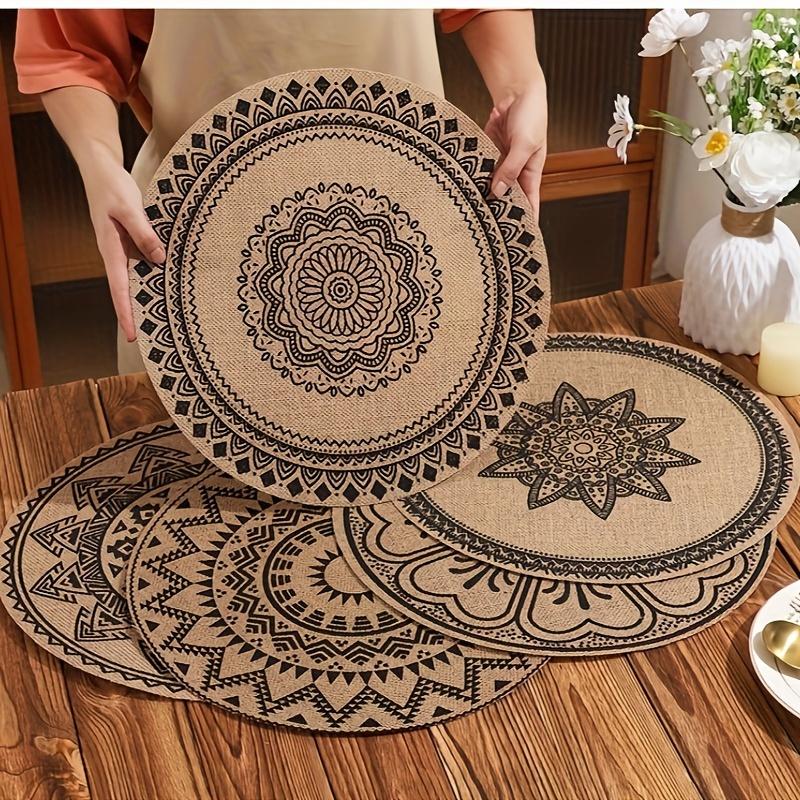 6-piece set of round Bohemian style jute printed woven placemats, easy to clean, 15-inch black printed round placemats, suitable for table decoration, Christmas decoration, wedding decoration, Valentine's Day decoration, and easy to store.