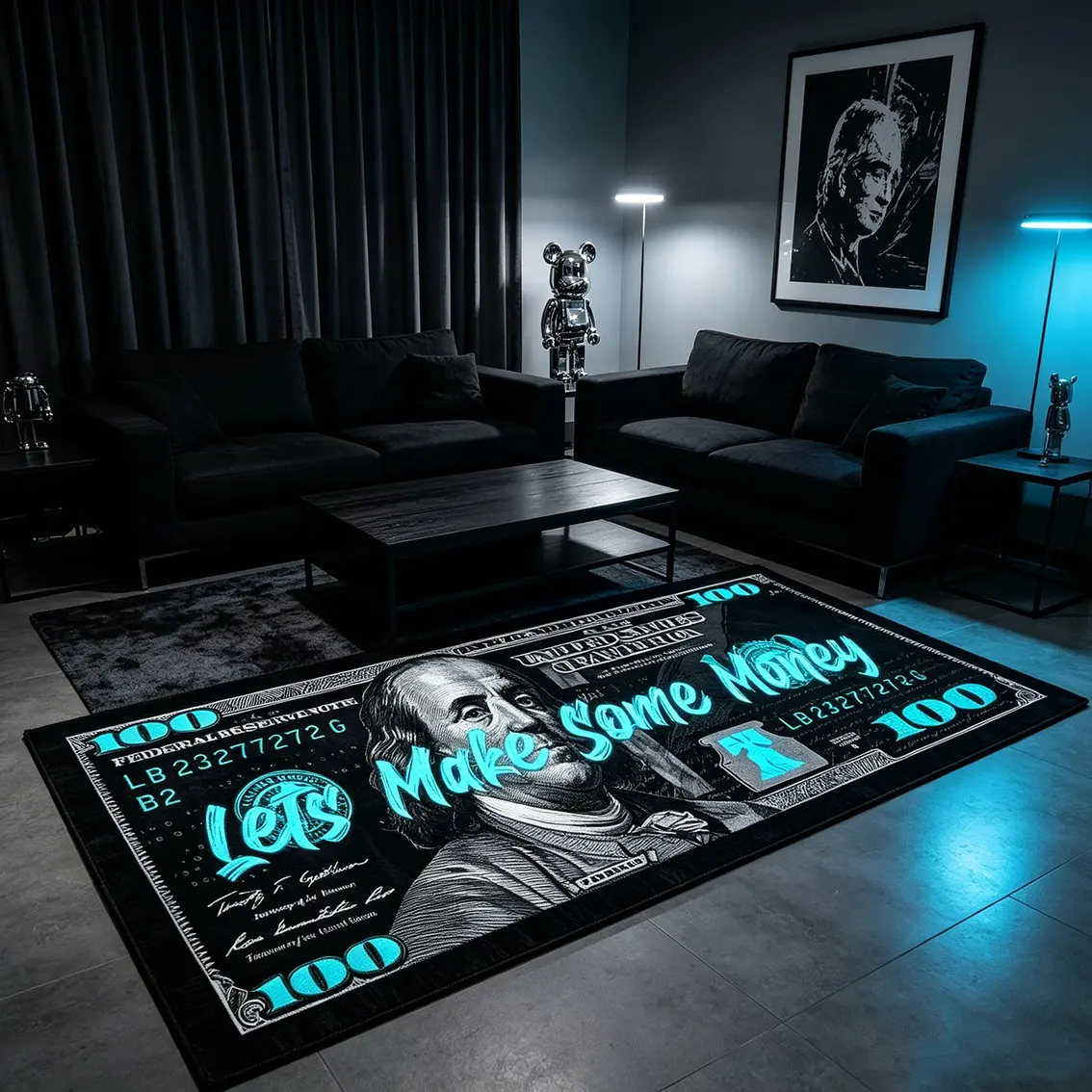 Black background fluorescent blue hundred yuan banknote creative long carpet trendy gaming plush floor mat living room coffee table anti slip foot mat suitable for dark cyber/street trendy gaming home decoration Decorative Rug