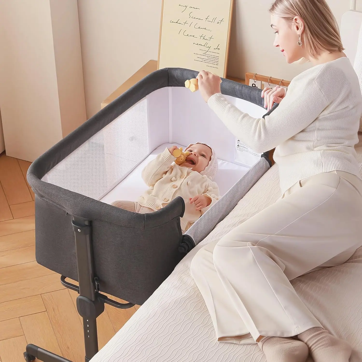 Baby Bassinet, 3 in 1 Bassinets Bedside Sleeper Crib Sleeper for Newborn, Portable Crib Adjustable 7 Height Bedside Bassinet with Mattress and Movable Wheels,Breathable Mattress&Mesh(Dark Grey)