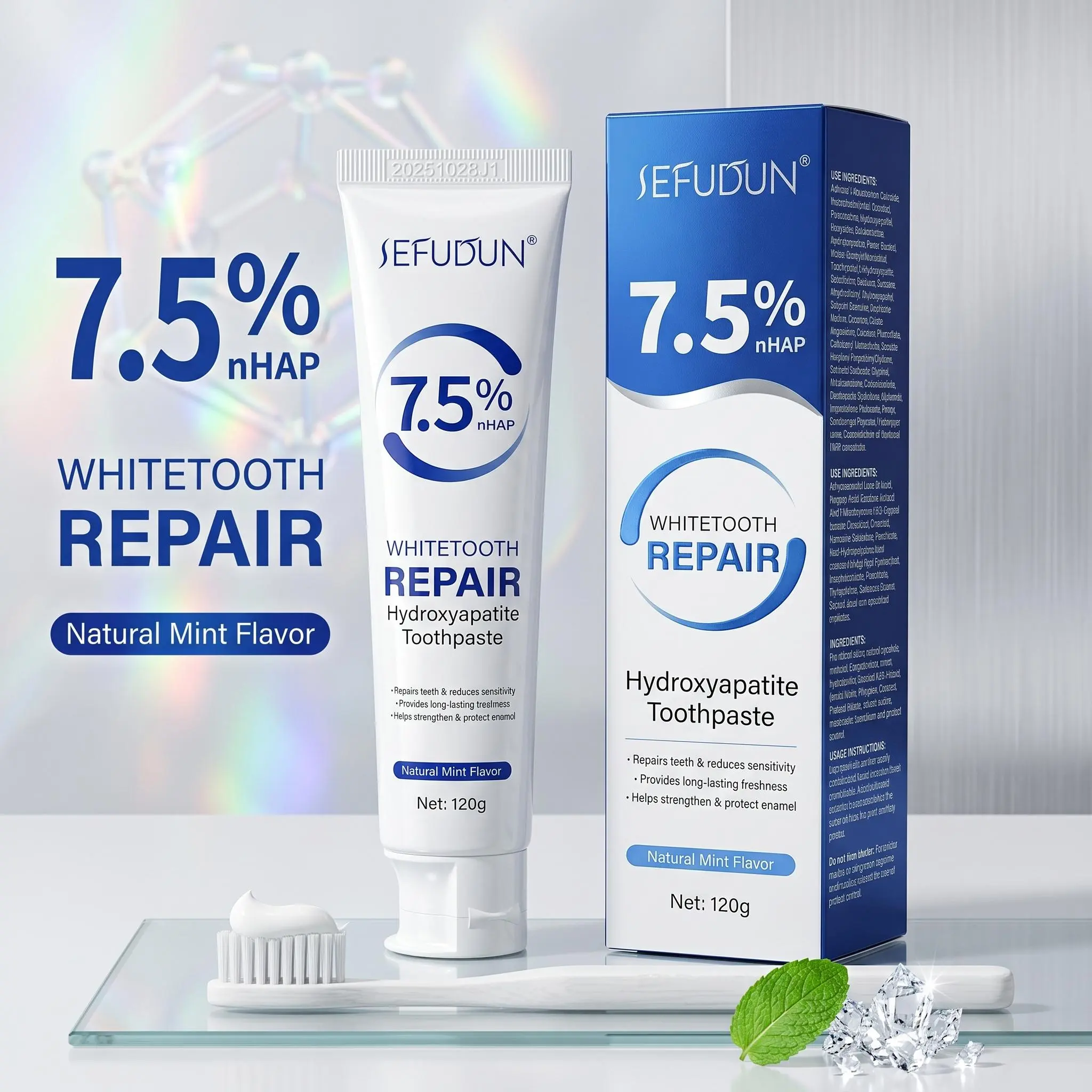 Nano Hydroxyapatite Daily Care Toothpaste, 7.5% nHAP Formula for Enamel Repair & Sensitivity Care, Fluoride-Free, Natural Mint Flavor, 120g