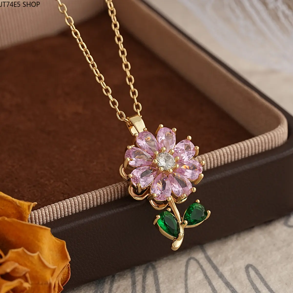 Niche Luxury Rotatable Flower Fidget Ring & Color Zircon Floral Necklace Set, Real Gold Plated Matching Jewelry For Ladies Daily & Party Outfits