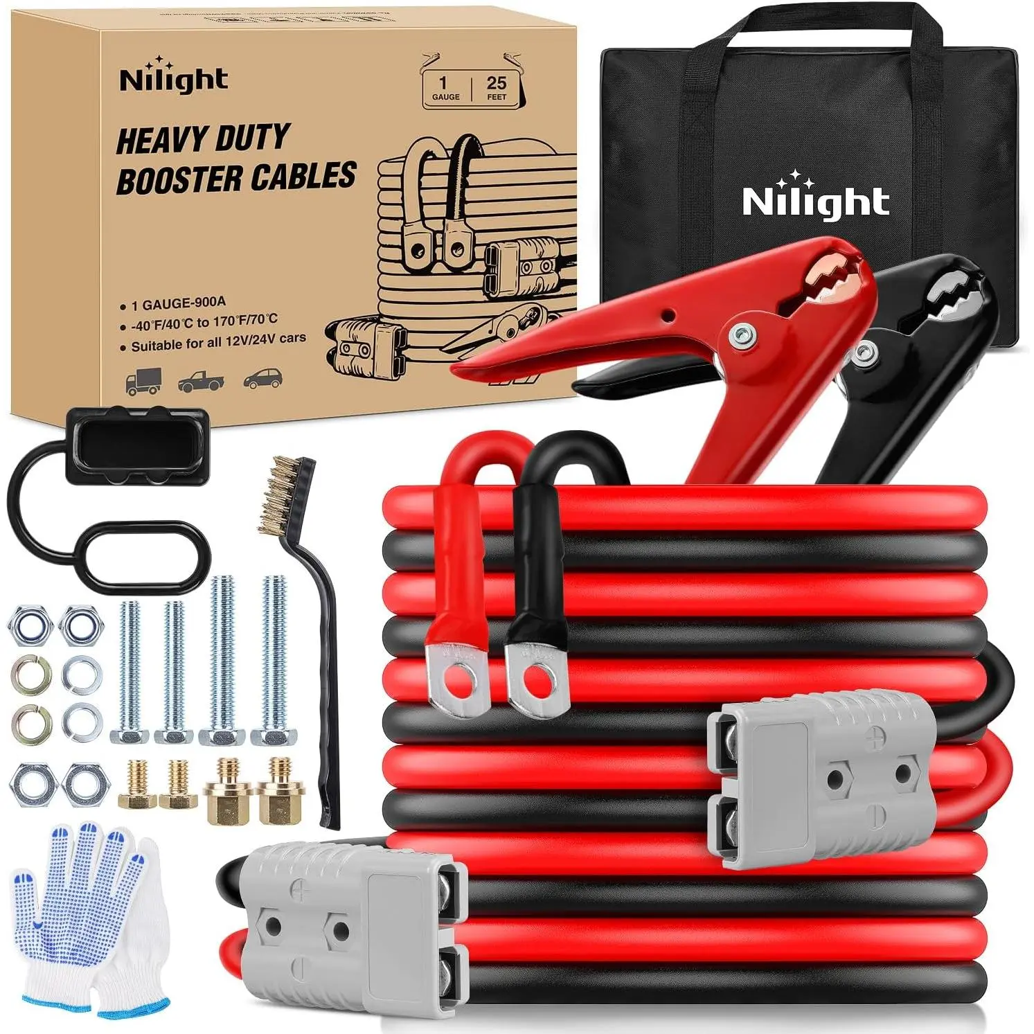 Nilight 1-Gauge 25ft Heavy-Duty CCA Copper Jumper Cables, 900A 12V/24V Vehicle Booster Start Cables with PVC Coating, Permanent Installation Kit, Quick Connect Plug & Carrying Bag, Automotive Tools, Brush, Anti-Leakage Insulated Handle, Cars