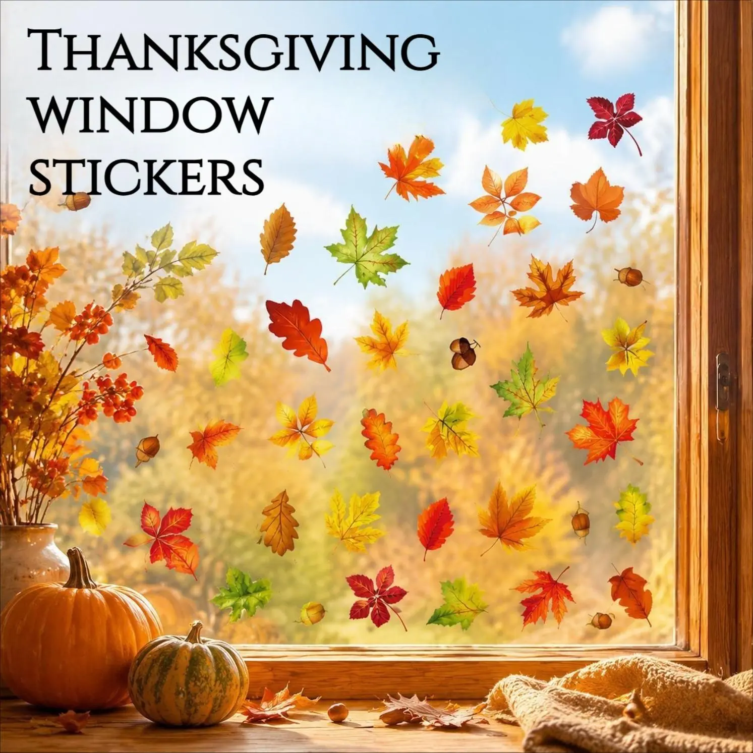 Cute Thanksgiving Window Clings – Cartoon Pumpkin & Autumn Leaf Static Stickers, Fall Holiday Glass Decor for Home & Classroom, No-Glue Removable Seasonal Decals
