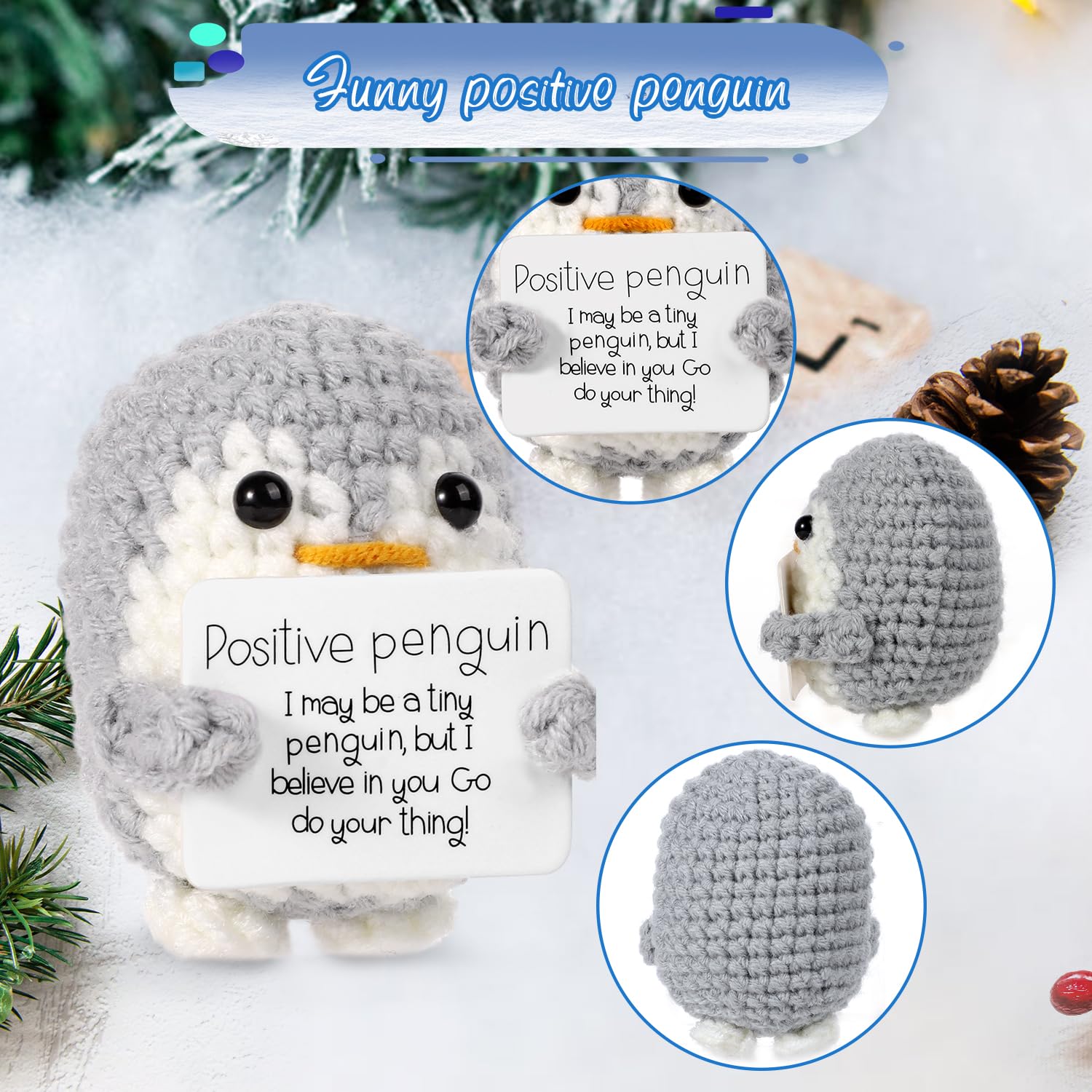 Positive Penguin Decorative Ornament, 1/8 Counts Funny Knitted Penguin Ornament with Positive Card, Cute Positive Penguin Crochet Decorative Ornament