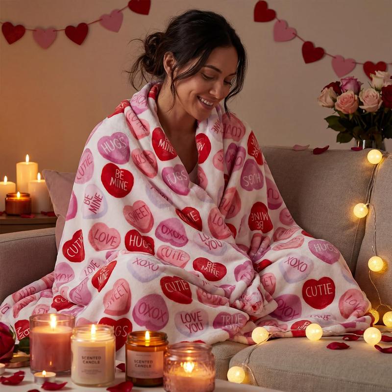 Valentine Flannel Blanket Throw, Pink Hearts with Words Soft Fuzzy Plush Cozy Fleece Blankets for Couch Sofa Bed Lounging, Ideal Gifts for Kids Adults Wife Self, 50x60