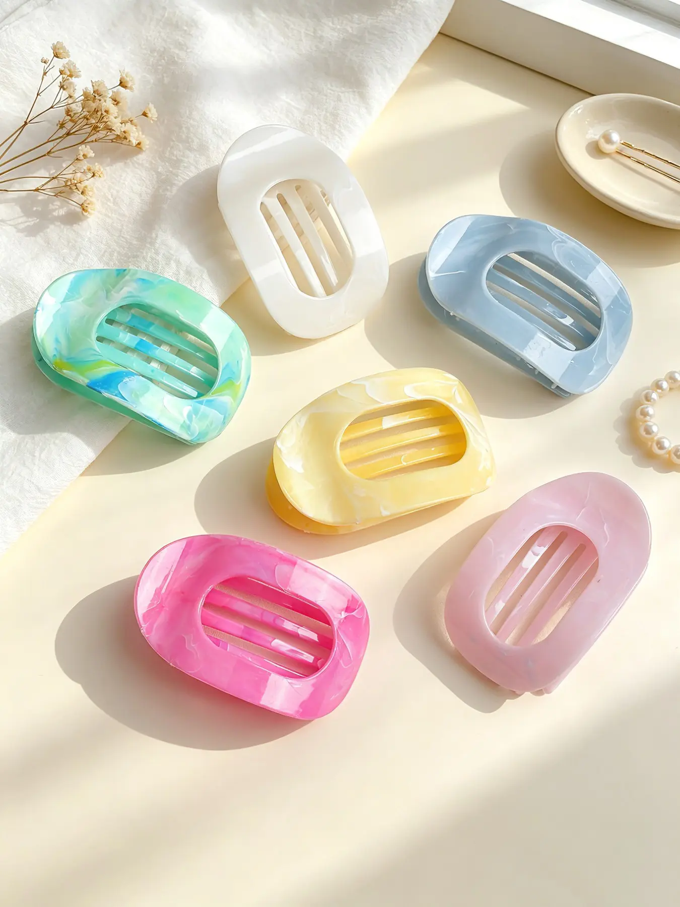 6pcs Summer Sweet Marble Pattern Hair Clips, Oval Duckbill Clip, Flat Round Hair Claw, Versatile Hair Accessories for Daily and Beach Use