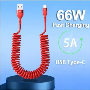 5A 66W USB to Type-C fast charging data cable, compatible with Huawei, Honor, OPPO, VIVO, Realme and other smartphone chargers, car USB charging cable, spring retractable USB-C data cable, maximum extended length 150cm, Electronic