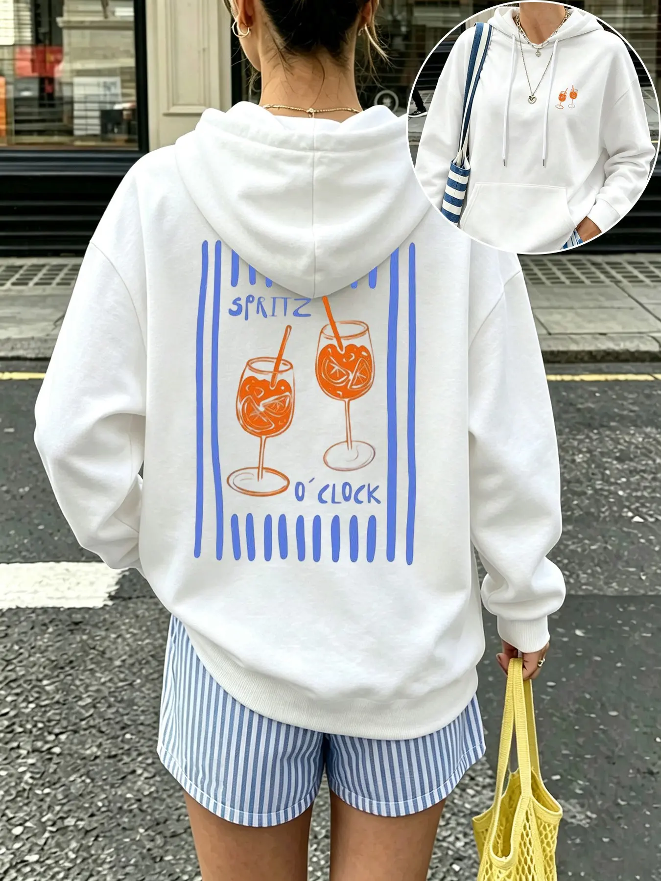 Women's Fashion Loose Drawstring Pocket Hoodie, Wine Glass Stripe Pattern, Casual Commute Sweatshirt, Fall Winter Daily Wear Top