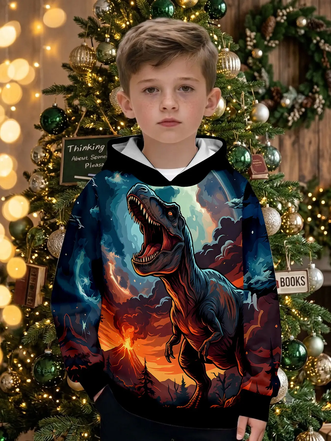 Volcanic Tyrannosaurus Rex Print Boys' Hooded Sweatshirt, Casual Long Sleeve Top, Perfect for Outdoor Activities, Ideal Christmas Gift