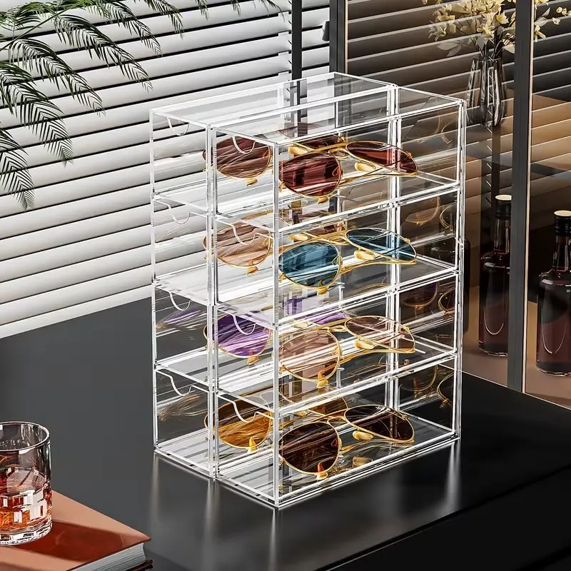 Stackable 4-Layer Transparent Eyeglass Case, Unisex Portable Scratch-Resistant Plastic, Durable Design, Travel & Home Use