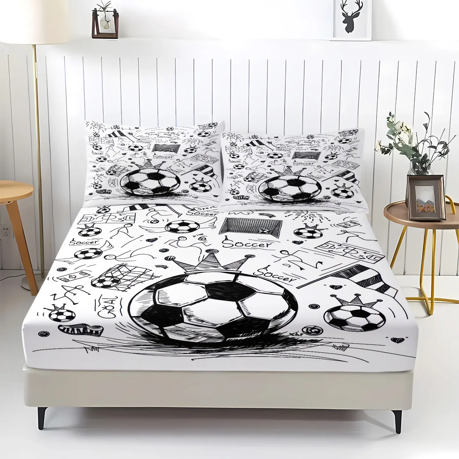 3pcs Football Graffiti Printed Bed Sheet Set, Printed Bedding Set (Including 1 Bed Sheet+2 Pillowcases, Excluding Pillow Core) With Deep Pocket Design, Suitable For Children And Teenagers To Decorate Bedrooms,Dormitories,And Guest Rooms