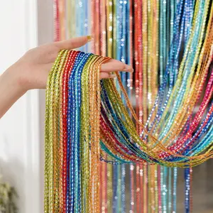 Rainbow Color String Door Curtain, Silver Shimmer Thread Room Divider, Striped Hanging Doorway Curtain for Party Wedding Photo Backdrop