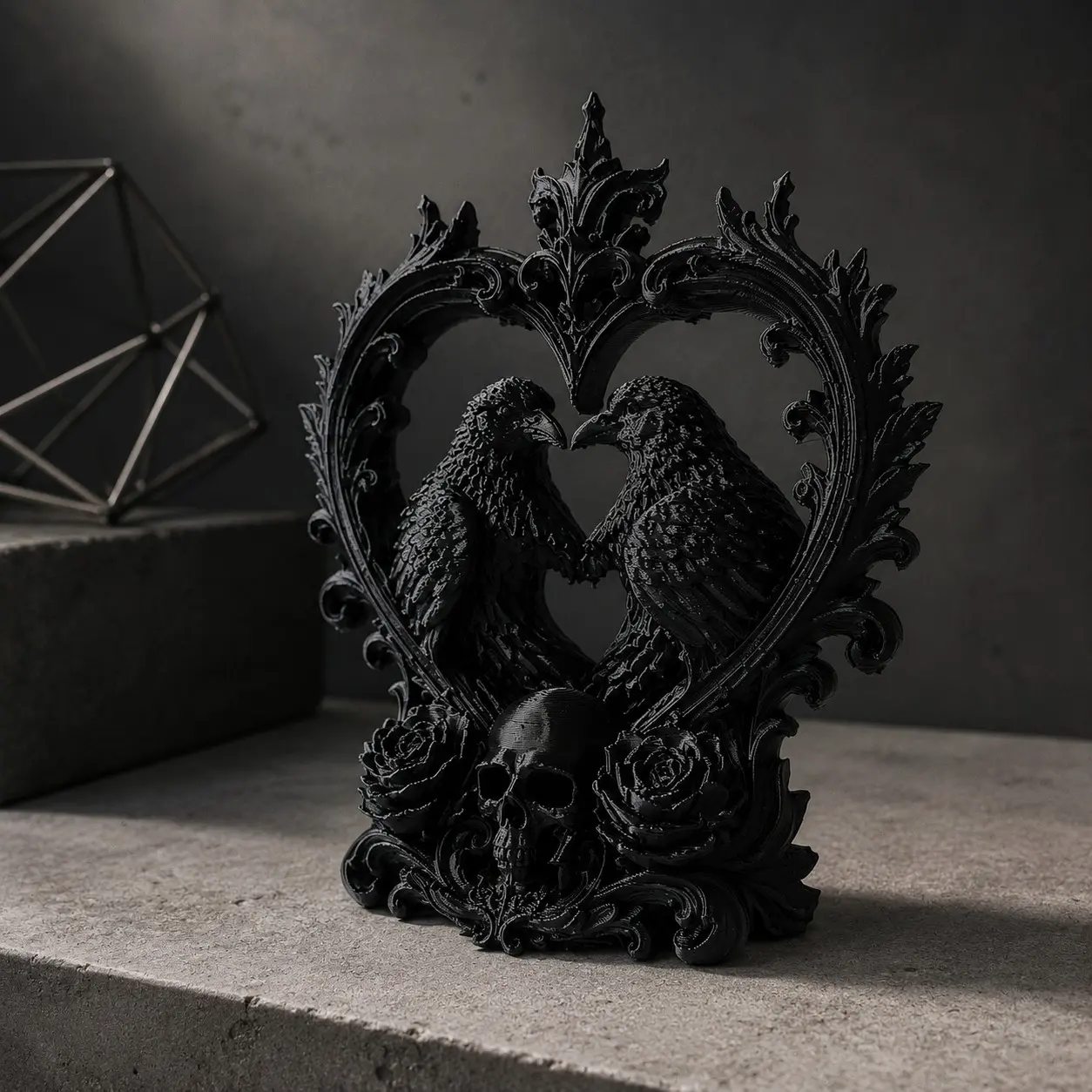 Gothic Crow Couple Heart Statue, Decor Figurine, Dark Romantic Skull Rose Desk Decor, Perfect for Living Room, Bedroom, Bar, Halloween Gift