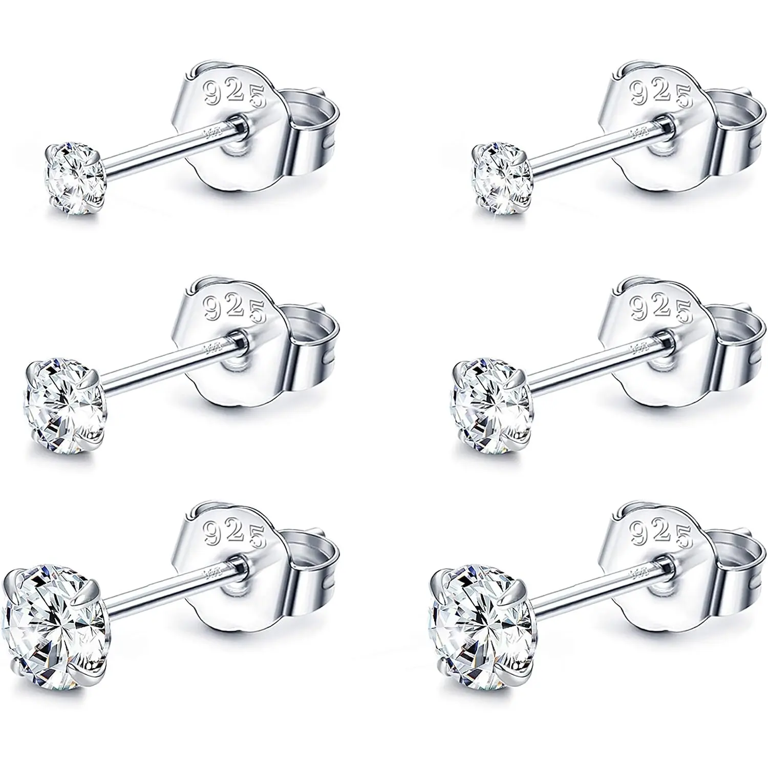 925 Sterling Silver Cubic Zirconia Stud Earrings Set (3 Pairs) - White Gold Plated, 2/3/4MM, Butterfly Back, Business Casual Outfits, Casual Everyday Wear Clothes, Hypoallergenic, Multi-Size, Church, Homecoming, 2Mm, 3Mm, Anniversary