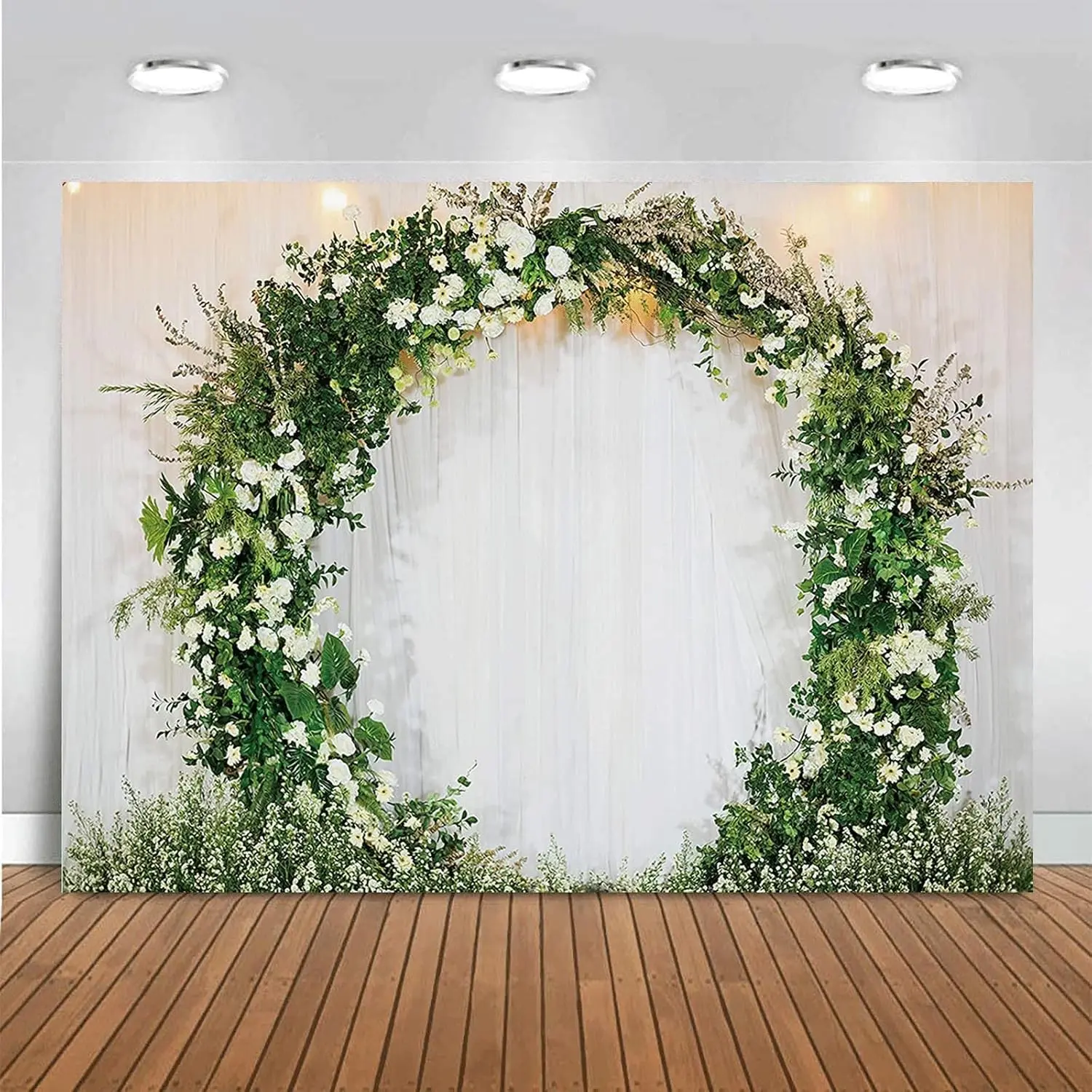7x5ft Green Wreath Garland Photography Backdrop Sheer Tulle Curtain Arch for Wedding Couple Fiancee Proposal Bridal Shower Cake Table Photo Props Vinyl