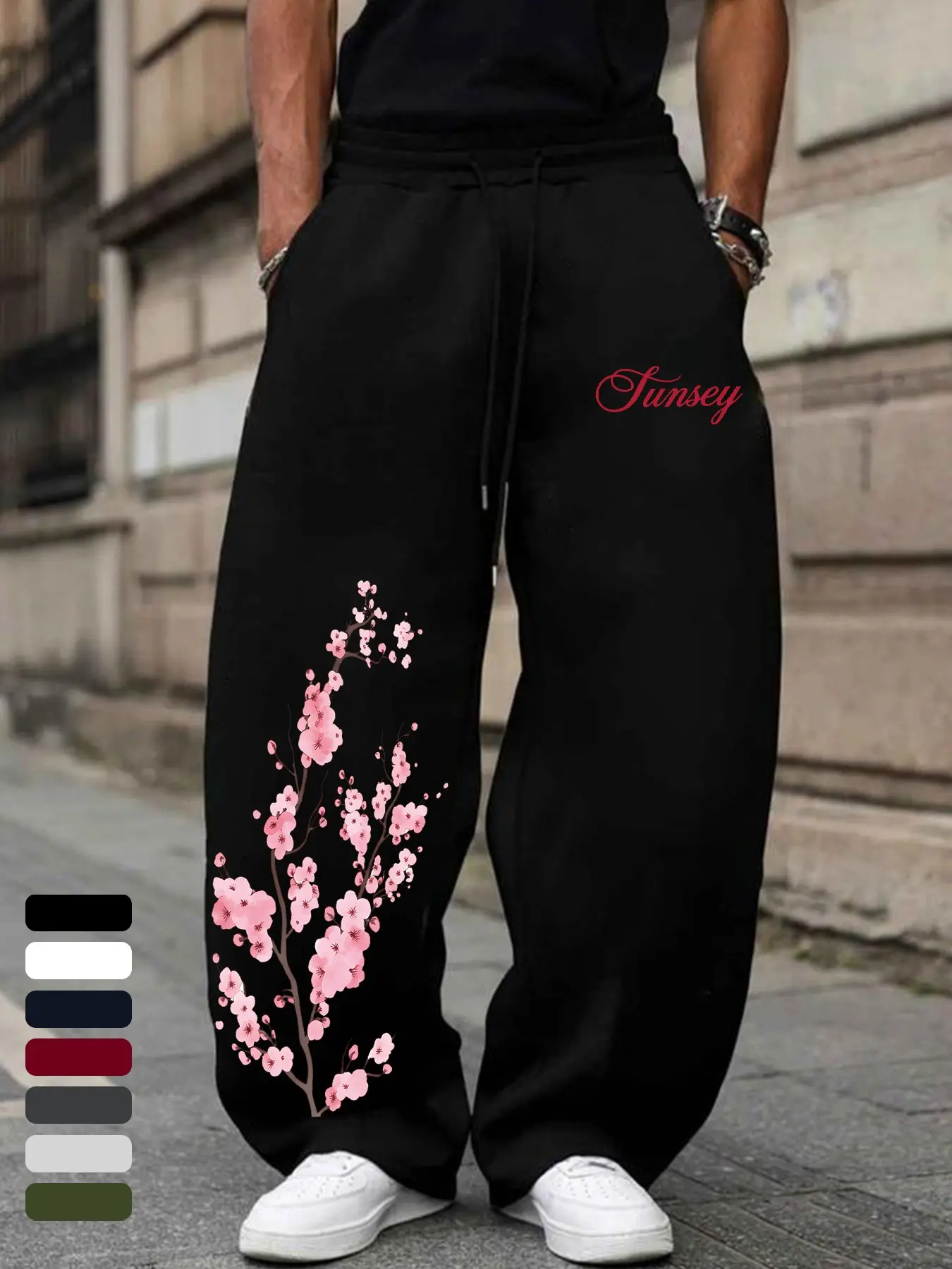 Unisex Cherry Blossom Print Drawstring Wide Leg Sweatpants, Vintage Japanese Style, Multi-Color, Casual Wear for All Seasons