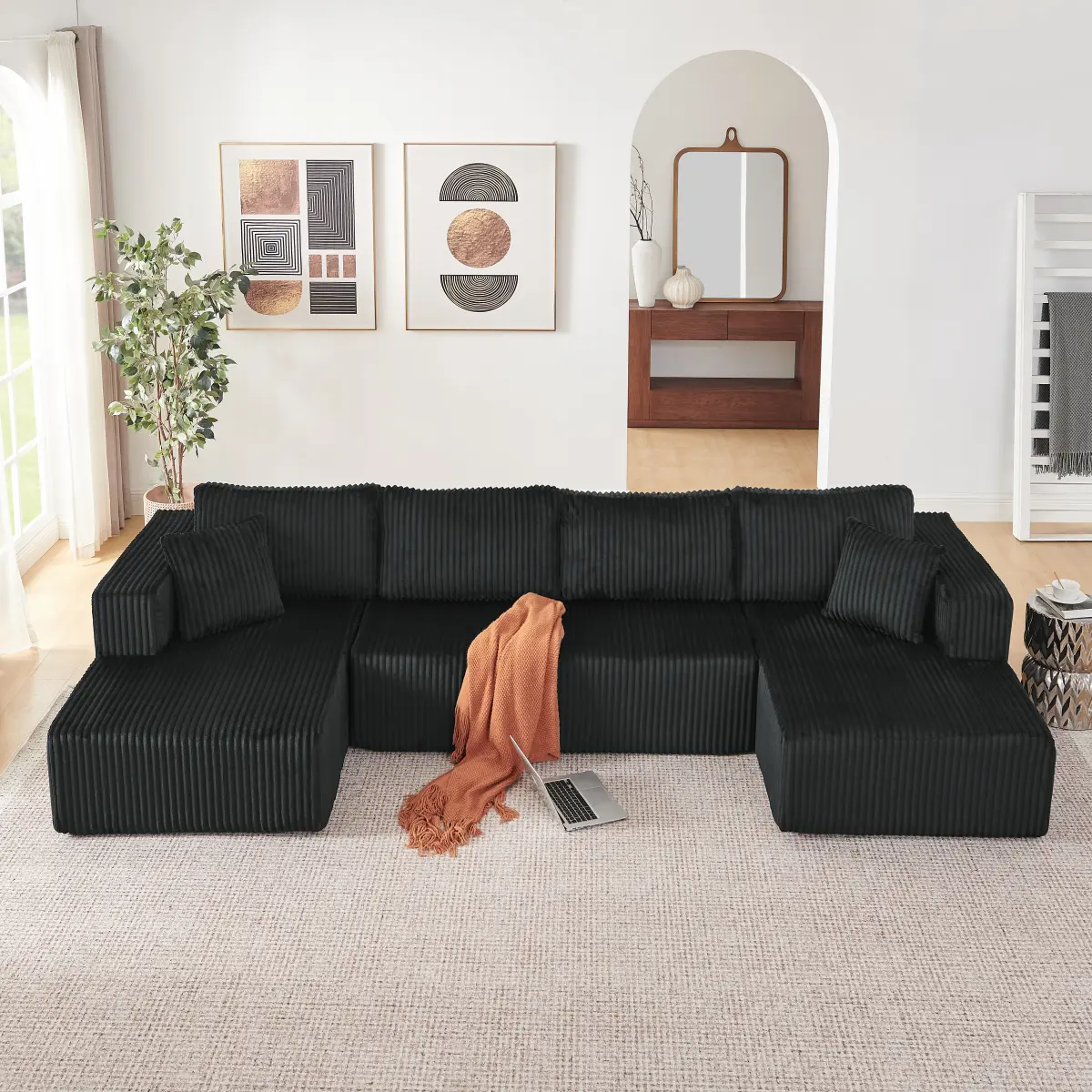 132" U-Shaped Modular Sectional Sofa – Oversized Corduroy Cloud Couch with Memory Foam, Side Storage Pockets, Convertible Sleeper, No Assembly Required, Modern Living Room Sofa