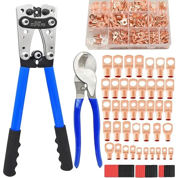 Battery Cable Lug Crimping Tool with Cable Cutter, 200pcs Copper Lugs & 220Pcs Heat Shrink Tubing for AWG 10 to 1/0 Gauge